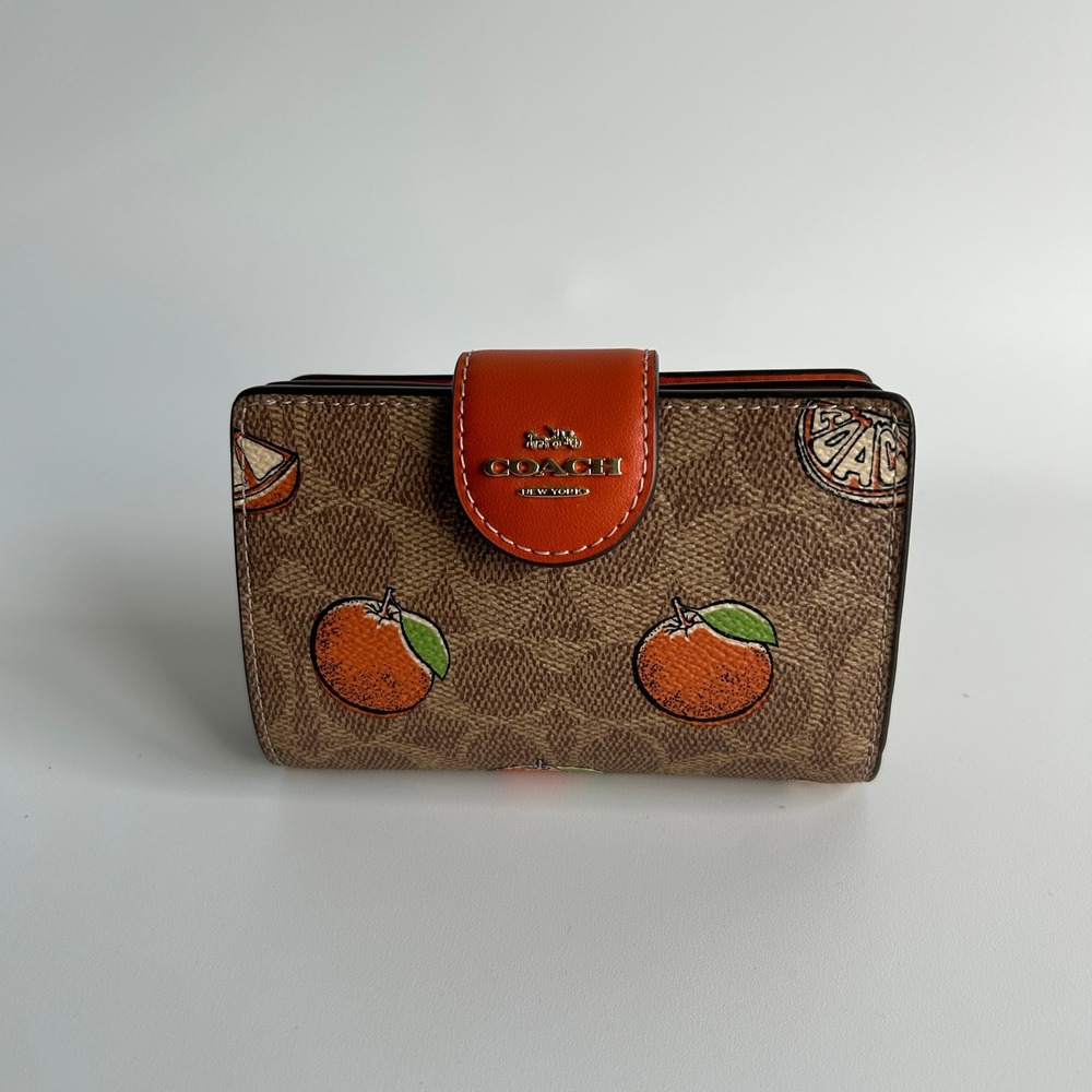 Coach Medium Corner Zip Wallet Orange Fruit Signature Canvas CAP04
